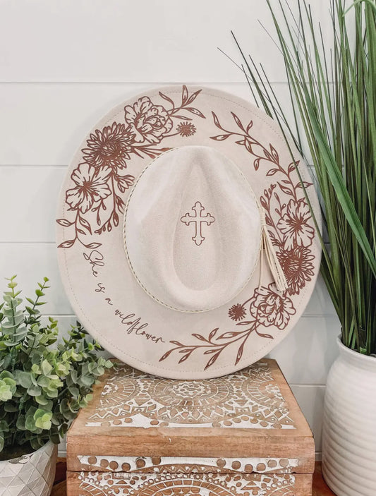 Cross & Floral Burnt Hat