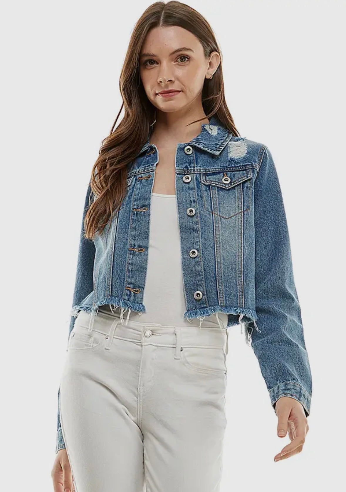 Cropped Distressed Denim Jacket