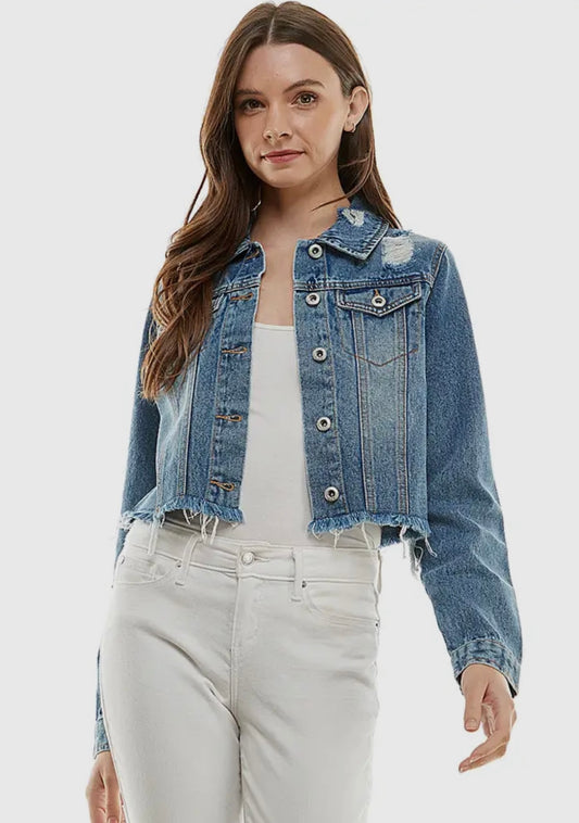 Cropped Distressed Denim Jacket